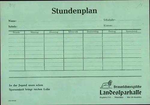 Stundenplan Braunschweigische Landessparkasse, vom Fluß um 1970