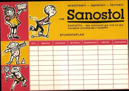 Stundenplan Sanostol, Natürliche Vitamine, wachsen - spielen - lernen um 1960