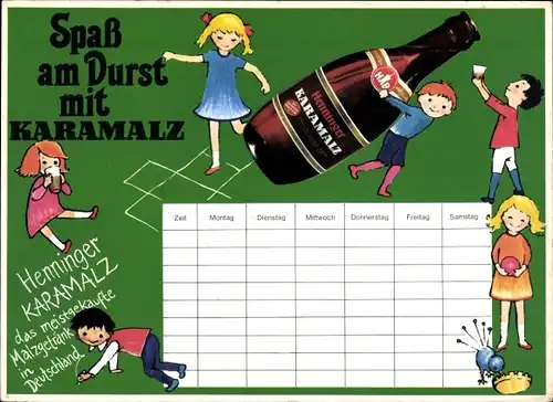 Stundenplan Henninger Karamalz Malzgetränk, trinkende Kinder um 1970