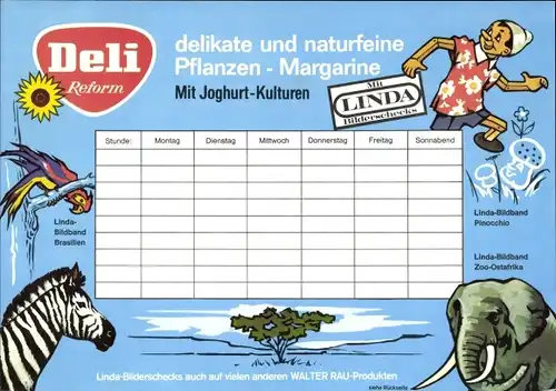 Stundenplan DELI Reform Margarine, Zebra Papagei Elefant, Bilderschecks Pinocchio um 1980