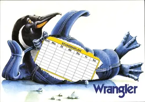 Stundenplan Wrangler Jeans, Pinguin in Jeans mit Stundenplan um 1990