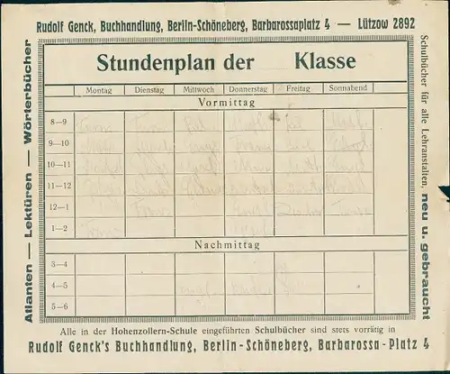 Stundenplan Buchhandlung Rudolf Genck. Barbarossa-Platz 4, Berlin-Schöneberg um 1930