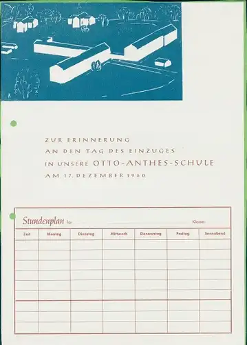 Stundenplan Otto-Anthes-Schule Lübeck, Tag des Einzuges, Künstler G. Pieske 1960