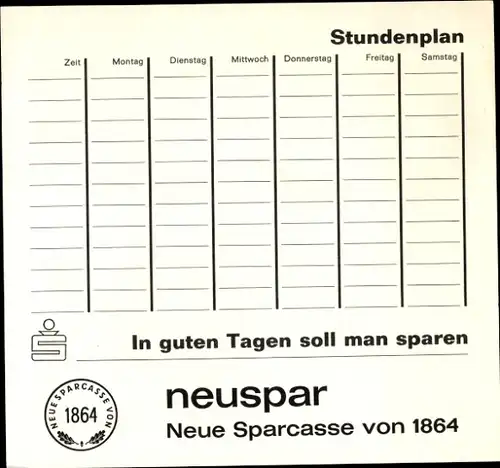 Stundenplan Neue Sparkasse von 1864, Retter von Solferino Henri Dunant um 1960