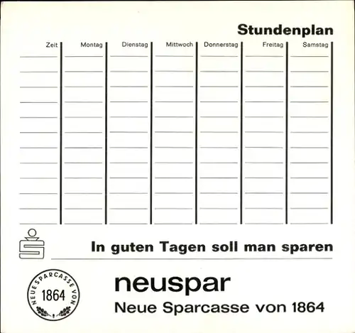 Stundenplan Neue Sparkasse von 1864, Lehrer des Volkes Pestalozzi um 1960