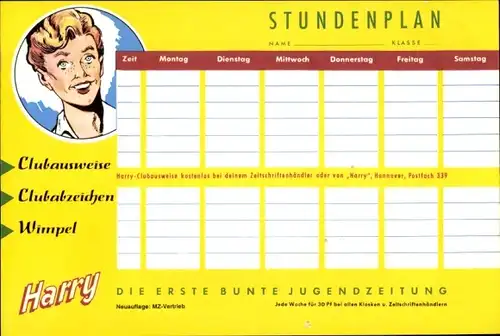 Stundenplan Harry, die erste bunte Jugendzeitung, Harry-Club um 1960/70