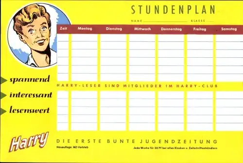 Stundenplan Harry, die erste bunte Jugendzeitung, Harry-Club um 1960/70