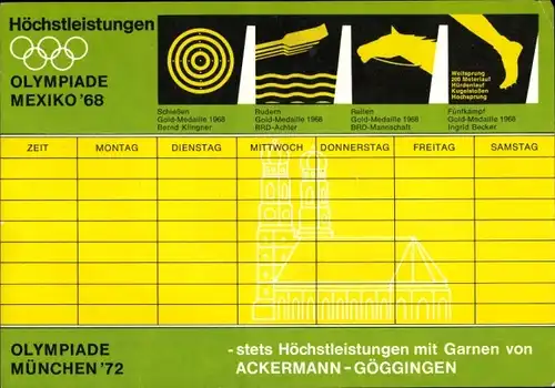 Stundenplan Ackermann Nähgarn, Göggingen, Olympiade Mexiko1968