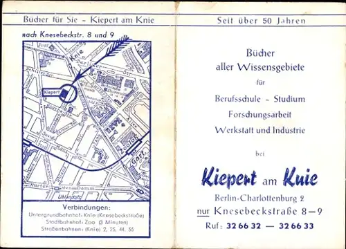 Stundenplan Buchhandlung Kiepert am Knie, Berlin Charlottenburg. Knesebeckstraße um 1970