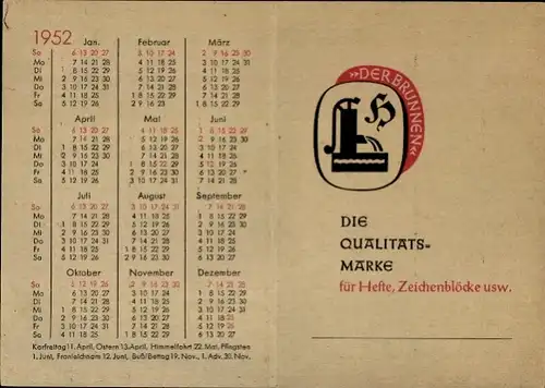 Stundenplan (klappbar) Brunnen- Zeichenblöcke, Kalender 1952