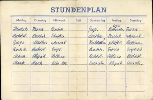 Stundenplan (klappbar) ALMA Schulbedarf, Hefte, Schulmappen um 1950