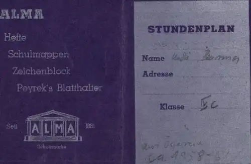 Stundenplan (klappbar) ALMA Schulbedarf, Hefte, Schulmappen um 1950