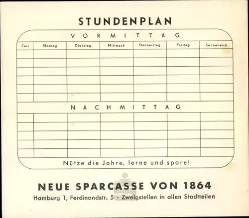 Stundenplan Neue Sparkasse von 1864, Hamburg Ferdinandstraße, Steinadler um 1960