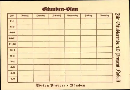 Stundenplan Adrian Brugger, München, Technisches Zeichnen um 1930