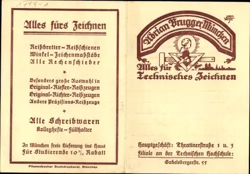 Stundenplan Adrian Brugger, München, Technisches Zeichnen um 1930