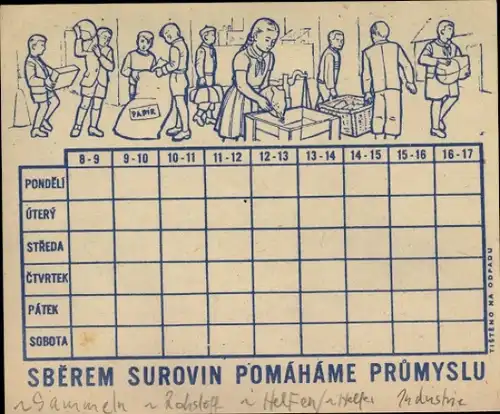 Stundenplan Rohstoffe sammeln und der Industrie helfen - Tschechien um 1960