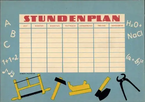 Stundenplan Handwerk, Werkzeug, Säge, Hammer, Hobel um 1960