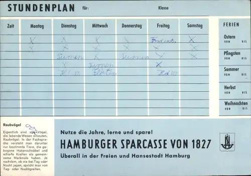 Stundenplan Hamburger Sparkasse von 1827, Vögel der Küste, Silbermöwe, Eiderente um 1960