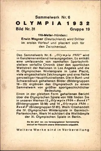 Sammelbild Olympia 1932 Bild Nr. 31, 110m Hürden Herren, Erwin Wegner