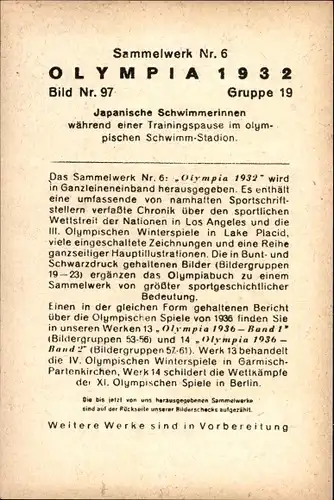 Sammelbild Olympia 1932 Bild Nr. 97, Japanische Schwimmerinnen