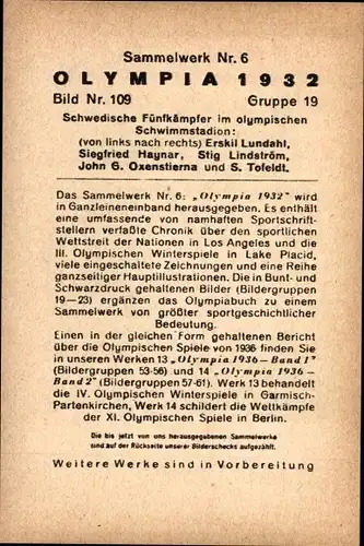 Sammelbild Olympia 1932 Nr. 109, Schwedische Fünfkämpfer im Schwimmstadion