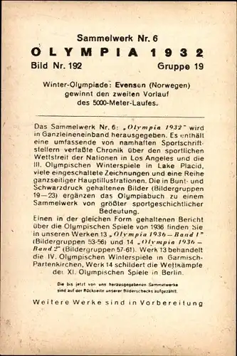 Sammelbild Olympia 1932 Bild Nr. 192, Evensen gewinnt den zweiten Vorlauf des 5000m Laufes