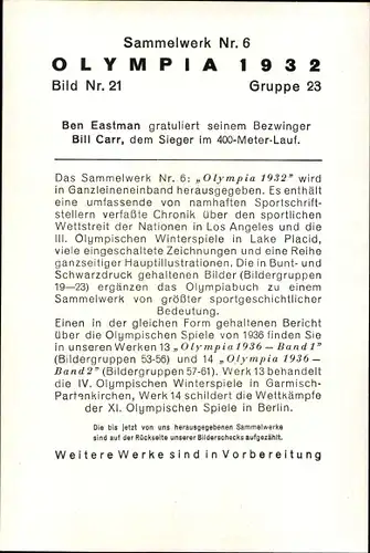 Sammelbild Olympia 1932 Bild Nr. 21, Ben Eastman gratuliert Bill Carr, 400m Lauf