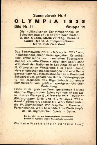 Sammelbild Olympia 1932 Nr. 111, Holländische Schwimmerinnen