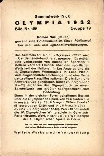 Sammelbild Olympia 1932 Bild Nr. 182, Einzel-Fünfkampf, Romeo Neri