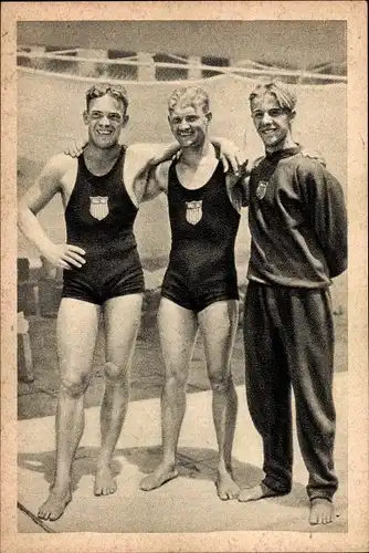 Sammelbild Olympia 1932 Bild Nr. 101, Die Sieger im Kunstspringen Galitzen, Smith, Degener