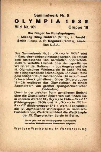 Sammelbild Olympia 1932 Bild Nr. 101, Die Sieger im Kunstspringen Galitzen, Smith, Degener