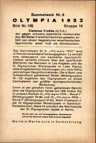 Sammelbild Olympia 1932 Bild Nr. 105, 400m Freistilschwimmen, Clarence Crabbe