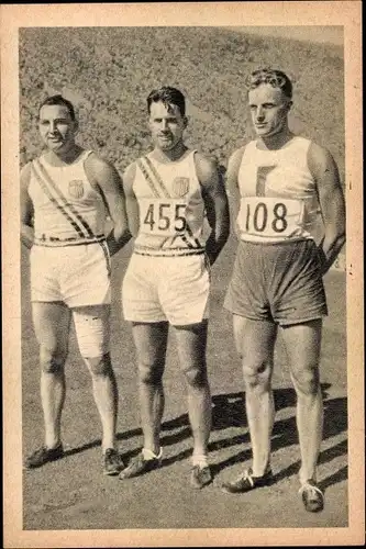 Sammelbild Olympia 1932 Bild Nr. 53, Sieger im Kugelstoßen, Sexton, Rothert, Douda