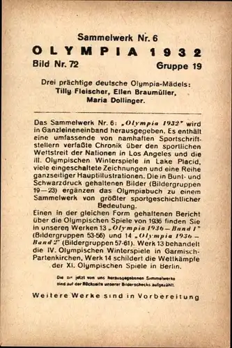 Sammelbild Olympia 1932 Bild Nr. 72, Tilly Fleischer, Ellen Braumüller, Maria Dollinger