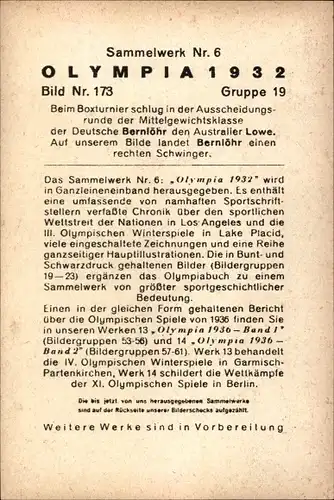 Sammelbild Olympia 1932 Bild Nr. 173, Boxen, Bernlöhr, Lowe