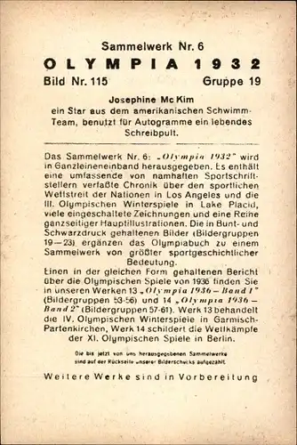 Sammelbild Olympia 1932 Bild Nr. 115, Schwimmen, Josephine McKim