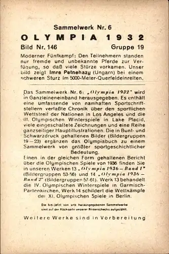 Sammelbild Olympia 1932 Bild Nr. 146, Moderner Fünfkampf, Imre Petnehazy beim Sturz