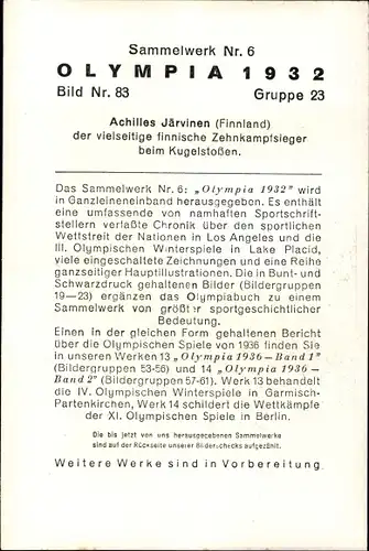 Sammelbild Olympia 1932 Bild Nr. 83, Kugelstoßen, Achilles Järvinen