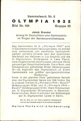 Sammelbild Olympia 1932 Bild Nr. 164, Ringen, Jakob Brendel