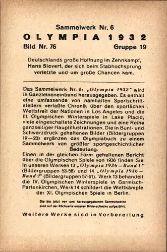 Sammelbild Olympia 1932 Bild Nr. 76, Stabhochsprung, Hans Sievert