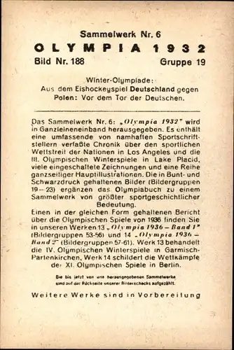 Sammelbild Olympia 1932 Bild Nr. 188, Eishockeyspiel Deutschland gegen Polen