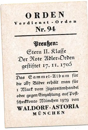 Sammelbild Orden, Verdienst Orden Nr. 94, Preußen, Stern II. Klasse, Roter Adler Orden