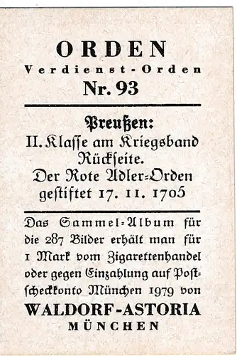 Sammelbild Orden, Verdienst Orden Nr. 93, Preußen, II. Klasse am Kriegsband, Roter Adler Orden