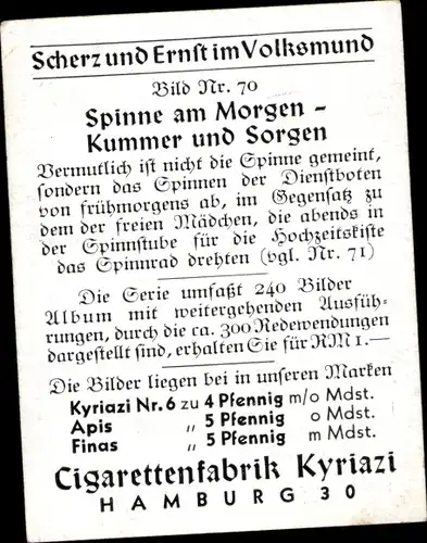 Sammelbild Scherz und Ernst im Volksmund Nr. 70, Spinne am Morgen, Kummer und Sorgen