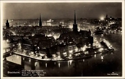 Ak Stockholm Schweden,Utsikt fran Stadshusfornet, Aussicht von dem Rathaus bei Nacht