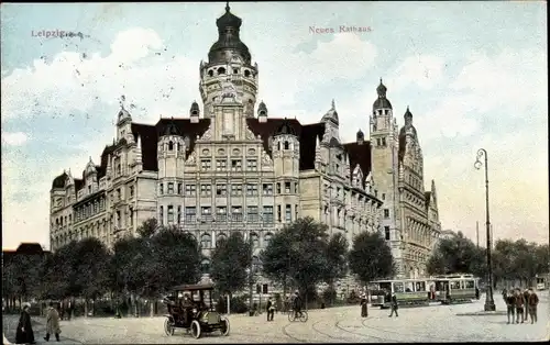 Ak Leipzig in Sachsen, Neues Rathaus, Straßenbahn