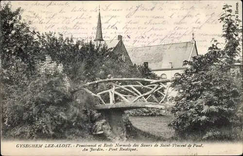Ak Gijsegem Gijzegem Gysegem Aalst Ostflandern, Les-Alost, Pensionnat et Ecole Normale, Jardin, Pont