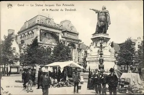 Ak Gand Gent Ostflandern, La Statue Jacques Van Artevelde et le Marche du Vendredi