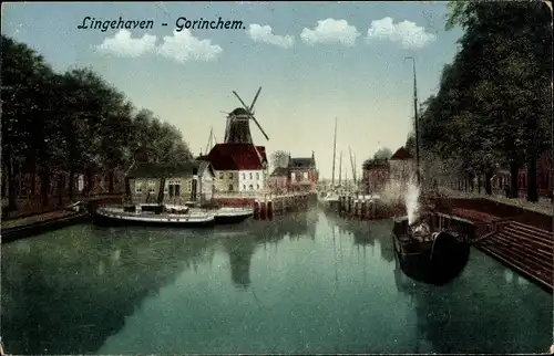 Ak Gorinchem Südholland Niederlande, Lingehaven, Boot, Windmühle