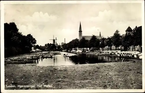 Ak Leiden Südholland Niederlande, Heerensingel met Molen, Windmühle, Kirche